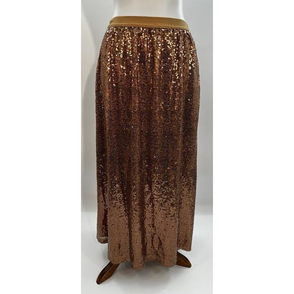 DR2 Bronze Sequin Maxi Skirt Elastic Waist Glam Evening Party Size M - Picture 2 of 6